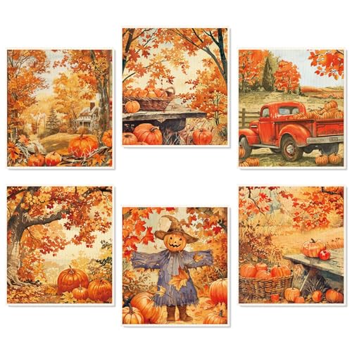 Fall Swedish Dishcloth Set - 6 Absorbent Cotton Kitchen Towels with Rustic Autumn Designs