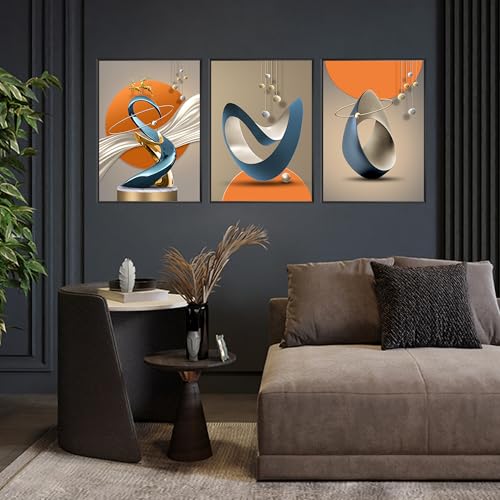 Black-Framed 3-Piece Modern Abstract Canvas Wall Art - Golden Deer, Foil Lines, 12x16in