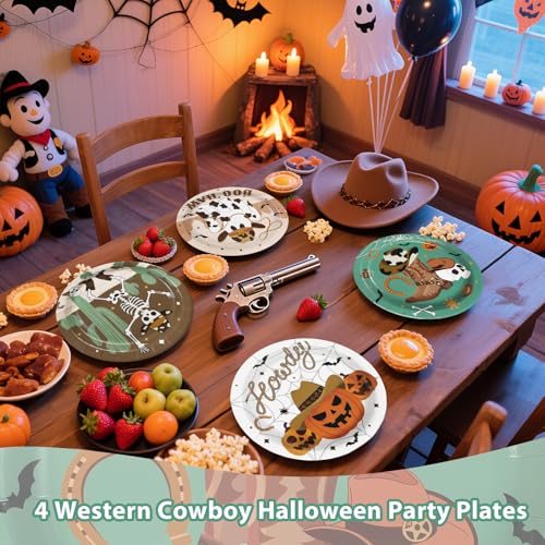 60Pcs Western Cowboy Halloween Paper Plates 9 Inch - Skeleton Ghost Pumpkin Design