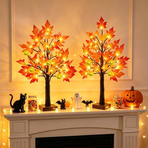 2 Pack Fall Decor 24 Inch Prelit Maple Tree with Pumpkins & LEDs - Timer