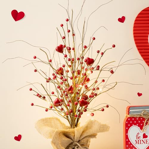Valentine Led Lighted Artificial Heart Tree - 18-Inch Rustic Valentine’s Day Centerpiece