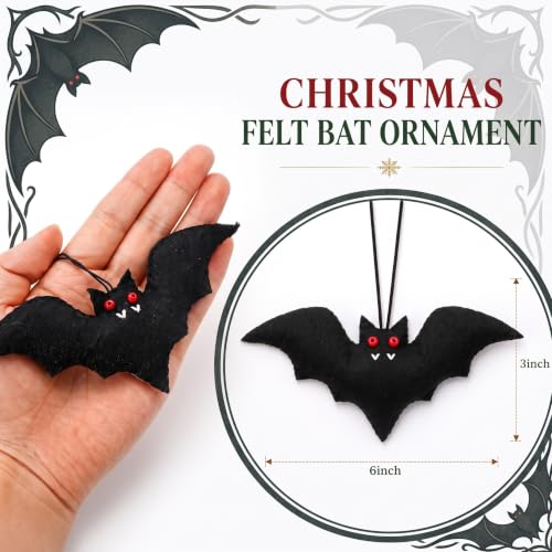 Bat Christmas Tree Ornaments - Set of 12 Black Plush Holiday Decorations
