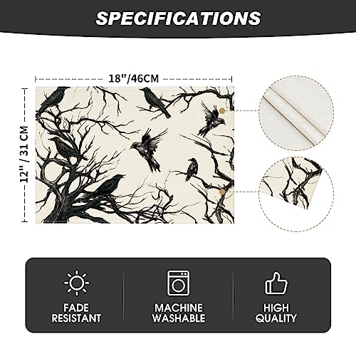 Tree Crows Halloween Placemats Set of 4 - 12x18 Inch Fall Table Decor Beige & Black