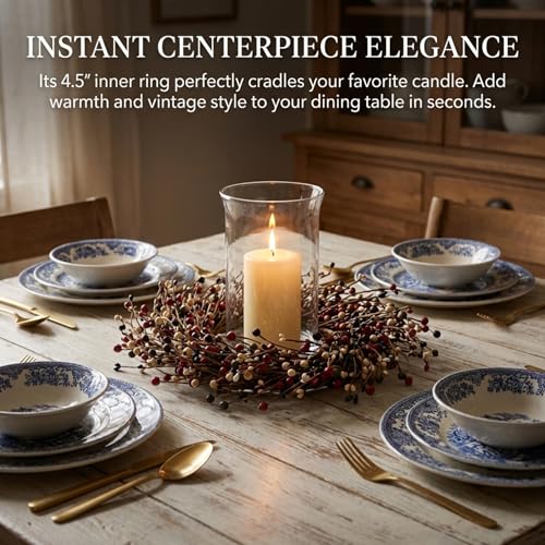 Primitive Black & Tan Pip Berry Candle Ring - Rustic Mini Wreath for 3-inch Pillars, Halloween & Farmhouse Decor, Variation: Primitive Black & Tan