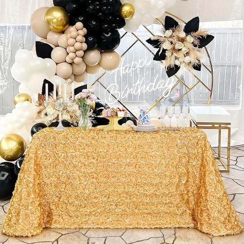 90x156 Inch Light Gold Satin Rosette Tablecloth - 3D Floral Wedding Cover