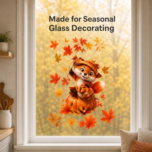 Autumn Window Clings - Forest Animals & Maple Leaves, 3-Piece Set - Static Fall Decor with Variation of This Listing