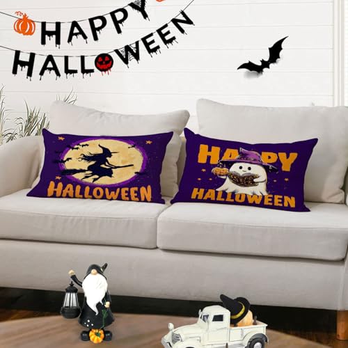 20 x 12 Inch Halloween Pillow Covers Set of 4 Pumpkin Ghost Witches Cushion Cases - Black Purple