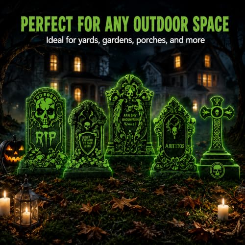 Glow-in-Dark Halloween Tombstone Decorations Outdoor Set with Stakes