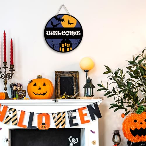 Halloween Welcome Sign - Spooky Night Door Hanger Wooden Decor 8x8 Inches
