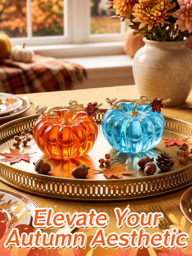 Small Crystal Glass Pumpkins for Fall Decor - Orange & Blue, 2 Pcs