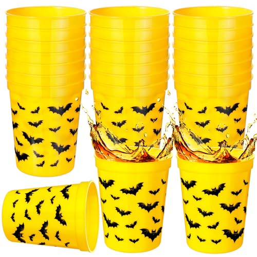 16 oz Bat Party Cups Set - Black and Yellow Plastic Drinking Cups for Birthday & Themed Parties