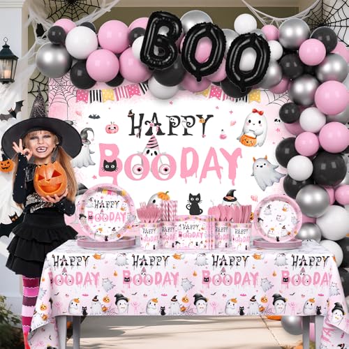 Halloween Birthday Party Supplies Set with Plates Balloons Banner and Tablecloth - Pink Boo Day Theme