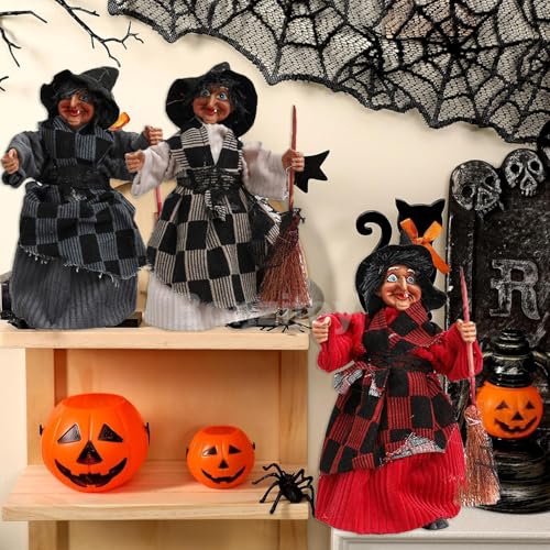 Halloween Witch Ornaments Set - 3pcs 8-Inch Haunted House Decorations with Broom & Base