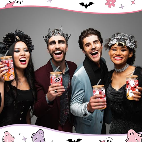 Halloween Pink Glass Cups with Lids & Straws - 4 Pack, 16 oz