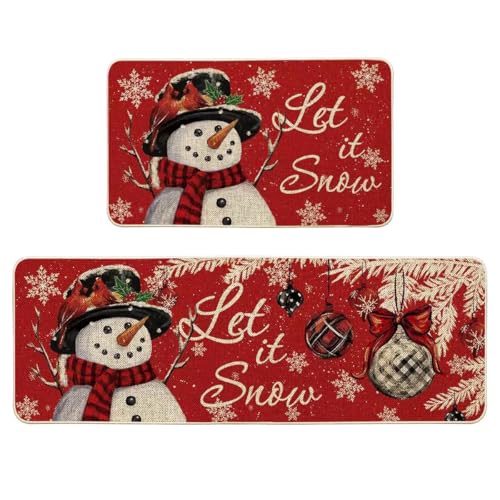 Christmas Kitchen Rugs Set 2-Piece Snowman Holiday Non-Slip Washable Mats
