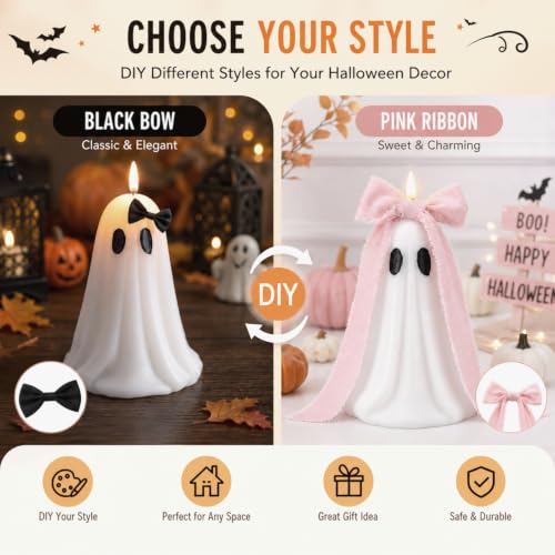 Large Ghost Flameless Candle with Timer - White Halloween LED Candle - 4.3 x 7.9 Inches