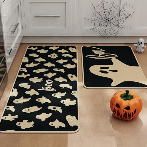 Halloween Kitchen Mat Set of 2 - Ghost & BOO Design, Black Variation