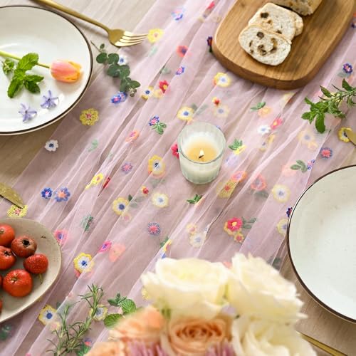 6-Piece Pink Embroidery Daisy Gauze Table Runners 28x120 Inch Set - Artoid Mode