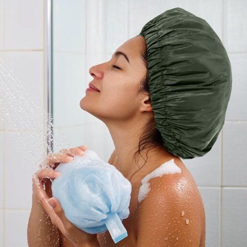 Skiennix Reusable Shower Cap - Large Waterproof Hair Bonnet with Elastic Band for Long Hair | Green