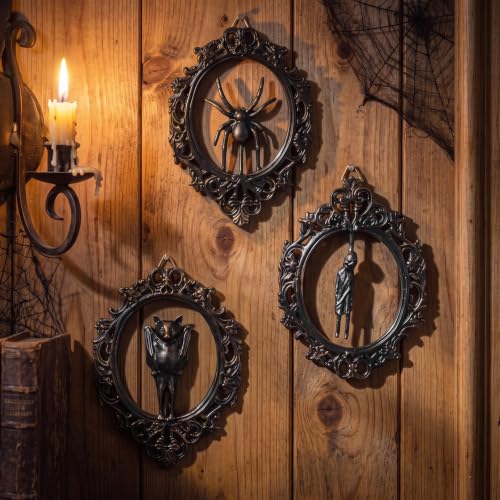 Gothic Halloween Wall Decor Set - Ornate Resin Oval Frames with Bat, Ghost & Spider Reliefs, 3 Pieces