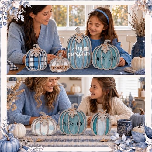 Blue Fall Pumpkin Decor Set - 6 Pcs Thanksgiving Table Centerpiece with Variations
