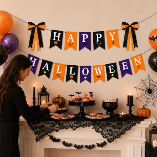 Halloween Banner Set with Double-Layer Satin Bows and Cardstock Pennants