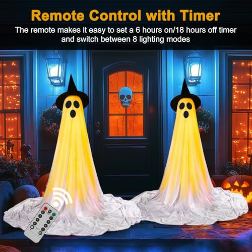 Light Up Ghost Decorations for Halloween Outdoor Indoor - 2 Pack with Witch Hats