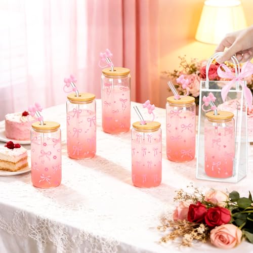 Pink Bow Glass Cups Set with Lids Straw Covers - 6 Piece Gift Set - Pink Bow Variation