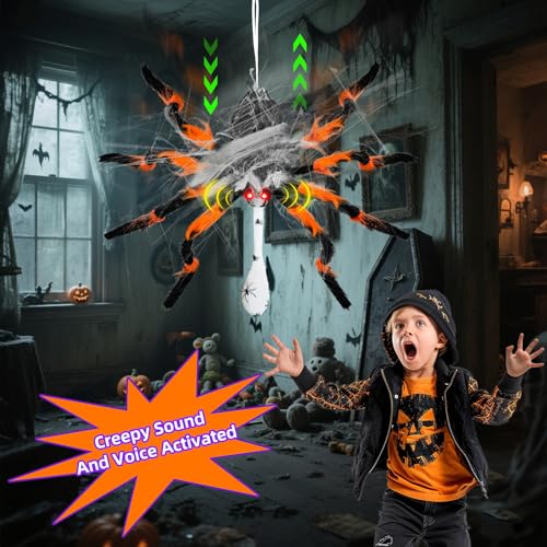 Halloween Animatronic Giant Hanging Spider with Egg Sac - 44 Inch, Orange & Black, Lights & Sounds