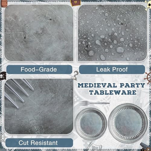 Medieval Party Supplies Set - Pewter Silver Plates & Plastic Forks, Retro Style, Serves 60