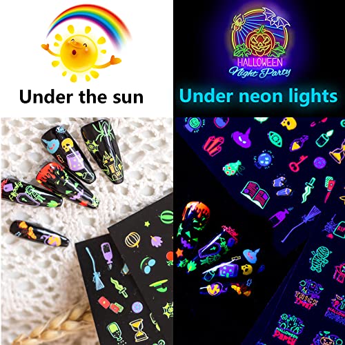 Halloween Neon Glow Nail Stickers 16 Sheets Fluorescent Nail Art Decals for Kids & Women - Dark