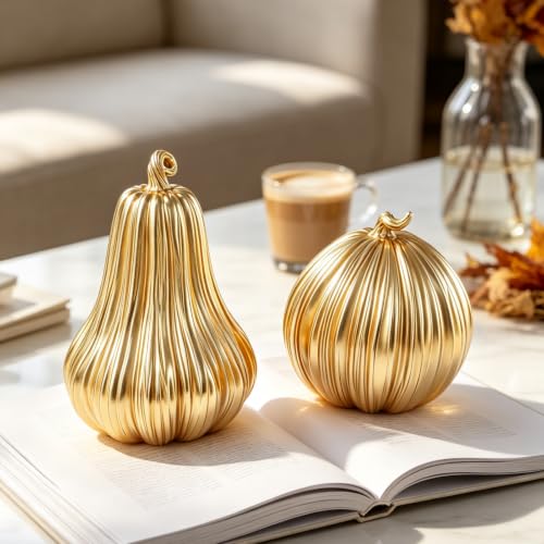 Gold Fall Pumpkin Decor - 2Pcs Resin Pumpkins for Thanksgiving & Autumn Home Decoration - Variation B