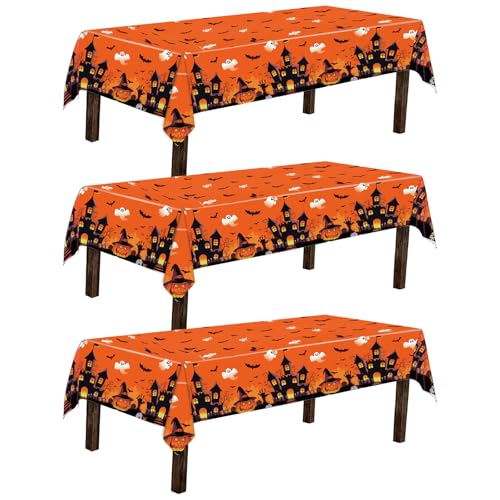 CAVETEE Halloween Tablecloth Set - 3 Pack Orange Pumpkin Ghost Party Covers