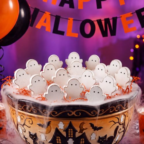 Halloween Ghost Wood Decor Set - Mini Ghost Bowl Fillers, 18 Pieces, Variation of Ghost