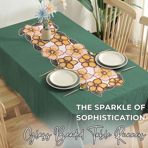 Beaded Table Runner Yellow & Green 36x13 Inches - Handcrafted Decor