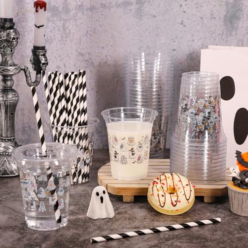 Ghost Reading Halloween Disposable Plastic Cups with Lids & Straws - 50 Pcs