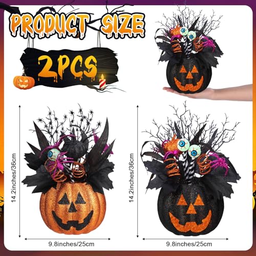 Halloween Jack O Lantern Table Centerpieces - Artificial Flowers with Spiders & Eyeballs, 14x10 Inches - Spooky Indoor Outdoor Decor