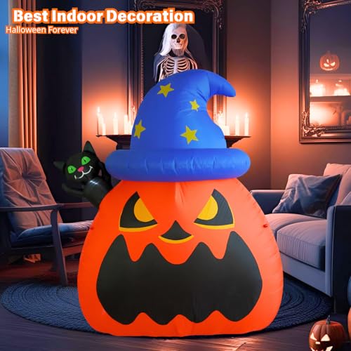 6FT Inflatable Wizard Pumpkin and Cat Halloween Yard Decorations with LED Lights