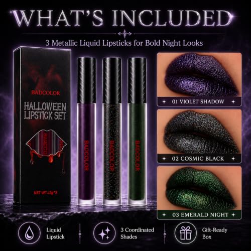 Liquid Lipstick Set - Black Green Purple Glitter Matte Long-Lasting for Halloween