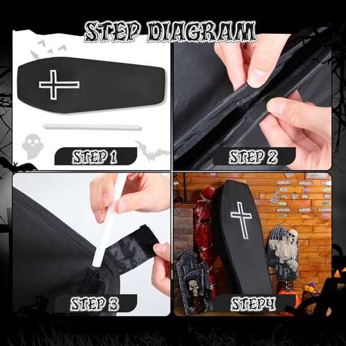 Halloween Cemetery Coffin Prop with Cross - Life Size Pop-Up Coffin for Spooky Decor - 4 Pcs