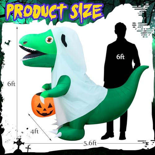6 Ft Halloween Inflatable Ghost Dinosaur with Pumpkin LED Decor - Spooky Yard Decoration
