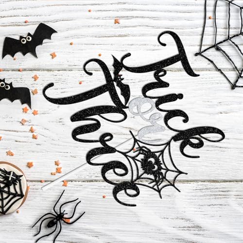 Black Glitter Trick or Three Cake Topper Halloween Birthday Decorations