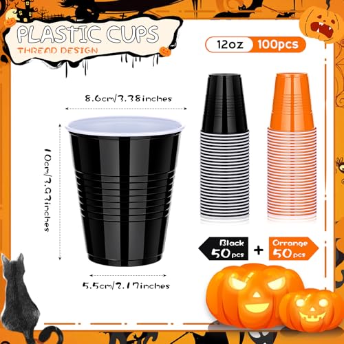 Halloween Fall Plastic Cups Bulk 100 pcs - Black & Orange 12oz Disposable Party Drinkware with Variation Black & Orange / 100