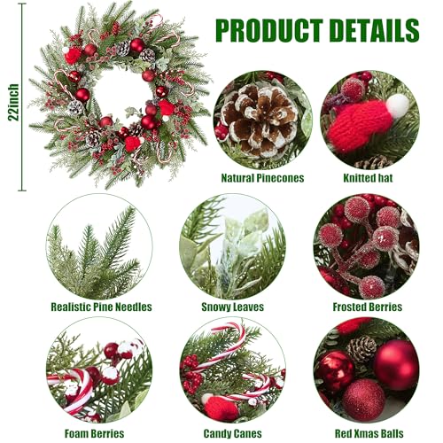 22-Inch Artificial Christmas Wreath for Front Door with Red Berries & Pine Needles - Green & Red Variation