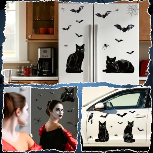 Halloween Window Clings Set - Black Cat Bat Owl Decorations for Glass Windows - Black Cat Variation
