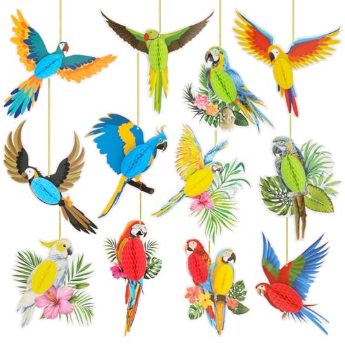 Tropical Parrot Honeycomb Paper Cutouts - 12 PCS Hawaiian Bird Decorations - Color 2