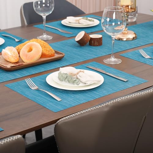 Blue Placemats Set of 8 - 17x12 Inch PVC Table Mats for Dining & Kitchen