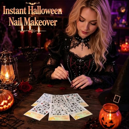 Halloween Nail Stickers - 6 Sheets Spooky Chrome Embossed Decals - Dark Ghost Variation