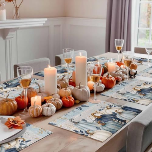 Fall Thanksgiving Placemats Set of 6 - Teal Blue White Pumpkin Autumn Decor - 18x12 Inches