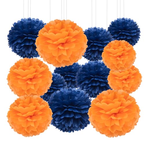 AWELL Royal Blue and Orange Tissue Pom Poms Paper Flower 12pc - Black Variation